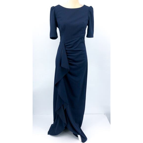XSCAPE Women's Scuba Crepe Ruffle Gown Size 8 Navy Blue Short Sleeve Dress NWOT - Picture 3 of 10